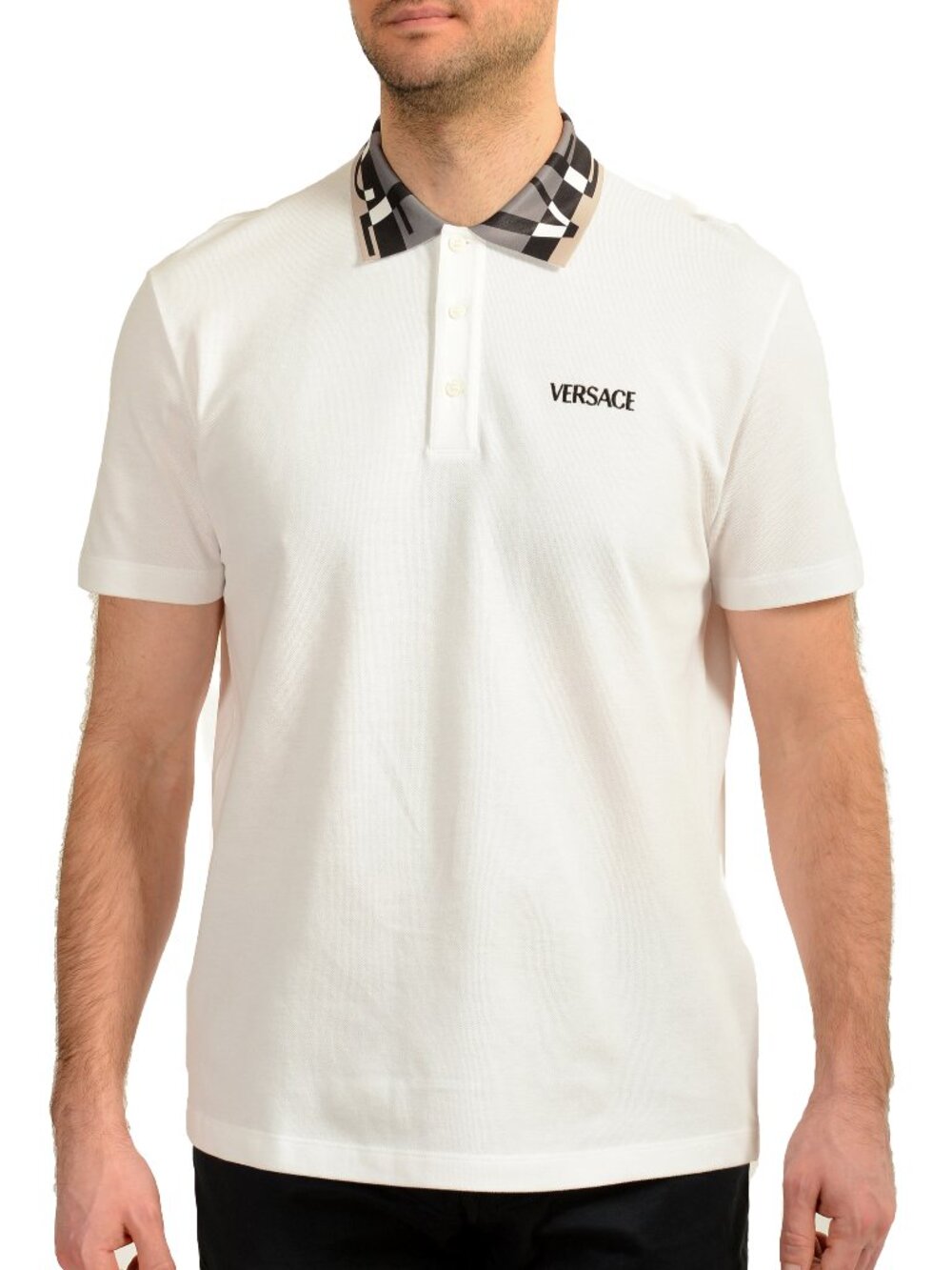 Versace Men's White Logo Embroidery Short Sleeve Polo Shirt US L IT 52